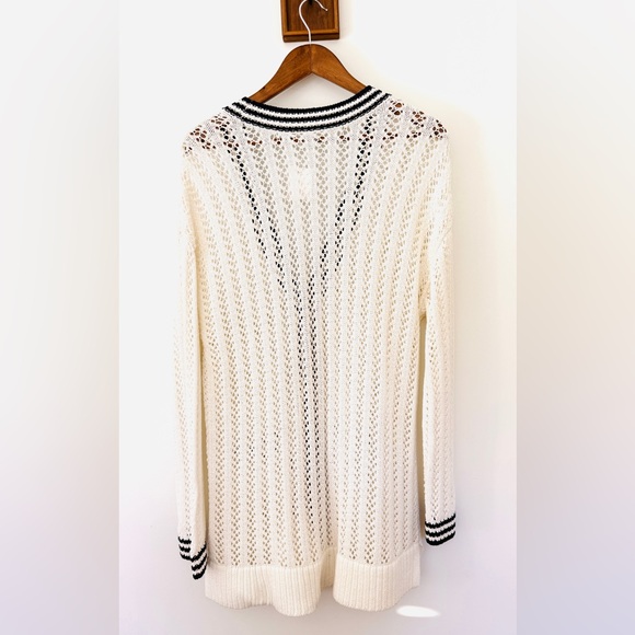 Lou & Grey Tipped Crochet  V-Neck Pocket Cardigan L Nautical Preppy Cotton - Picture 4 of 11